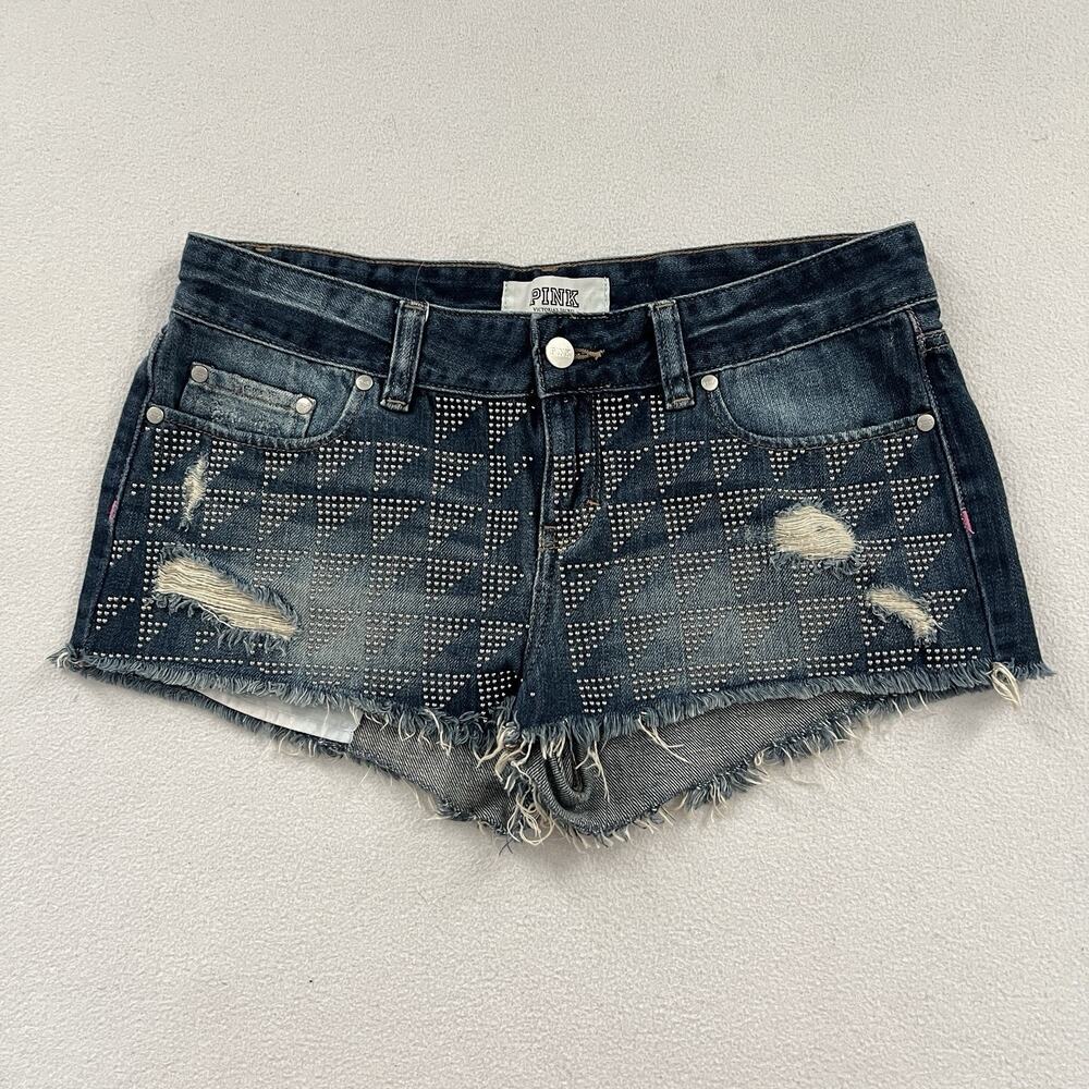 PINK Victoria's Secret Triangle Stud Cheeky Cut Off Distressed LR Jean Shorts 6